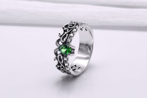 925 Silver Filigree Ring with Green Gem, Handcrafted Classic Jewelry - vikingworkshop