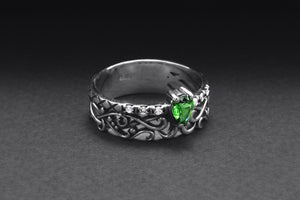 925 Silver Filigree Ring with Green Gem, Handcrafted Classic Jewelry - vikingworkshop