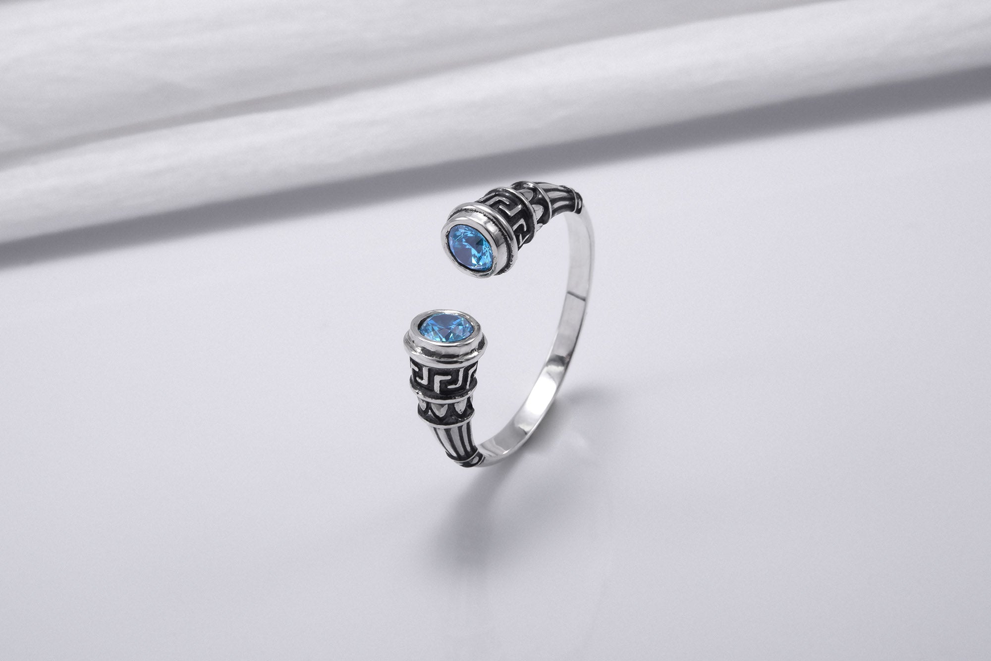 925 Silver Meander Ornament Ring with Sky Blue Gems, Handcrafted Greek Jewelry - vikingworkshop