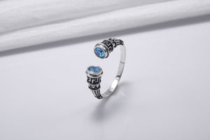 925 Silver Meander Ornament Ring with Sky Blue Gems, Handcrafted Greek Jewelry - vikingworkshop