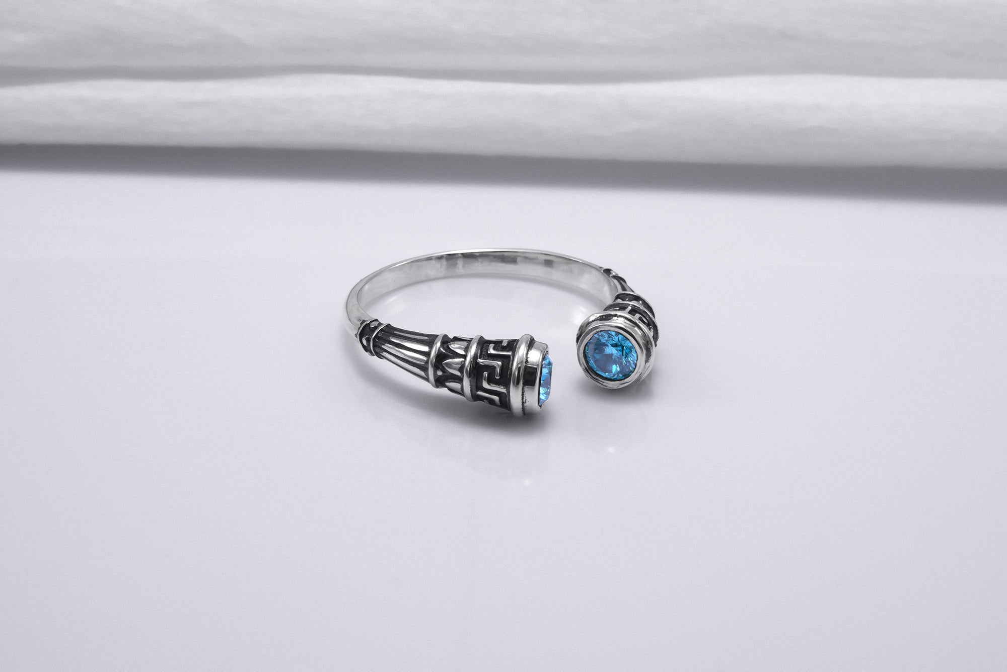 925 Silver Meander Ornament Ring with Sky Blue Gems, Handcrafted Greek Jewelry - vikingworkshop