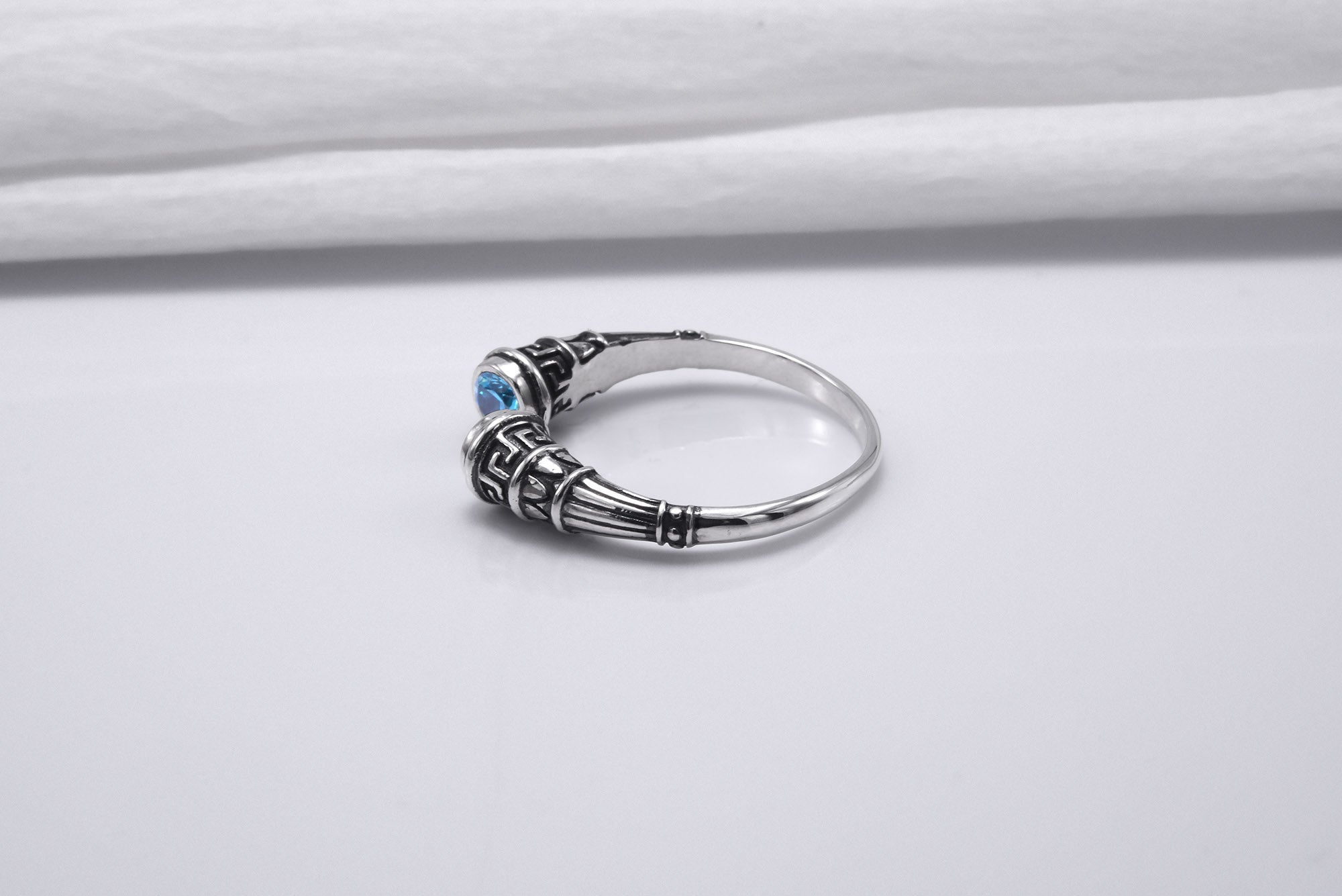 925 Silver Meander Ornament Ring with Sky Blue Gems, Handcrafted Greek Jewelry - vikingworkshop