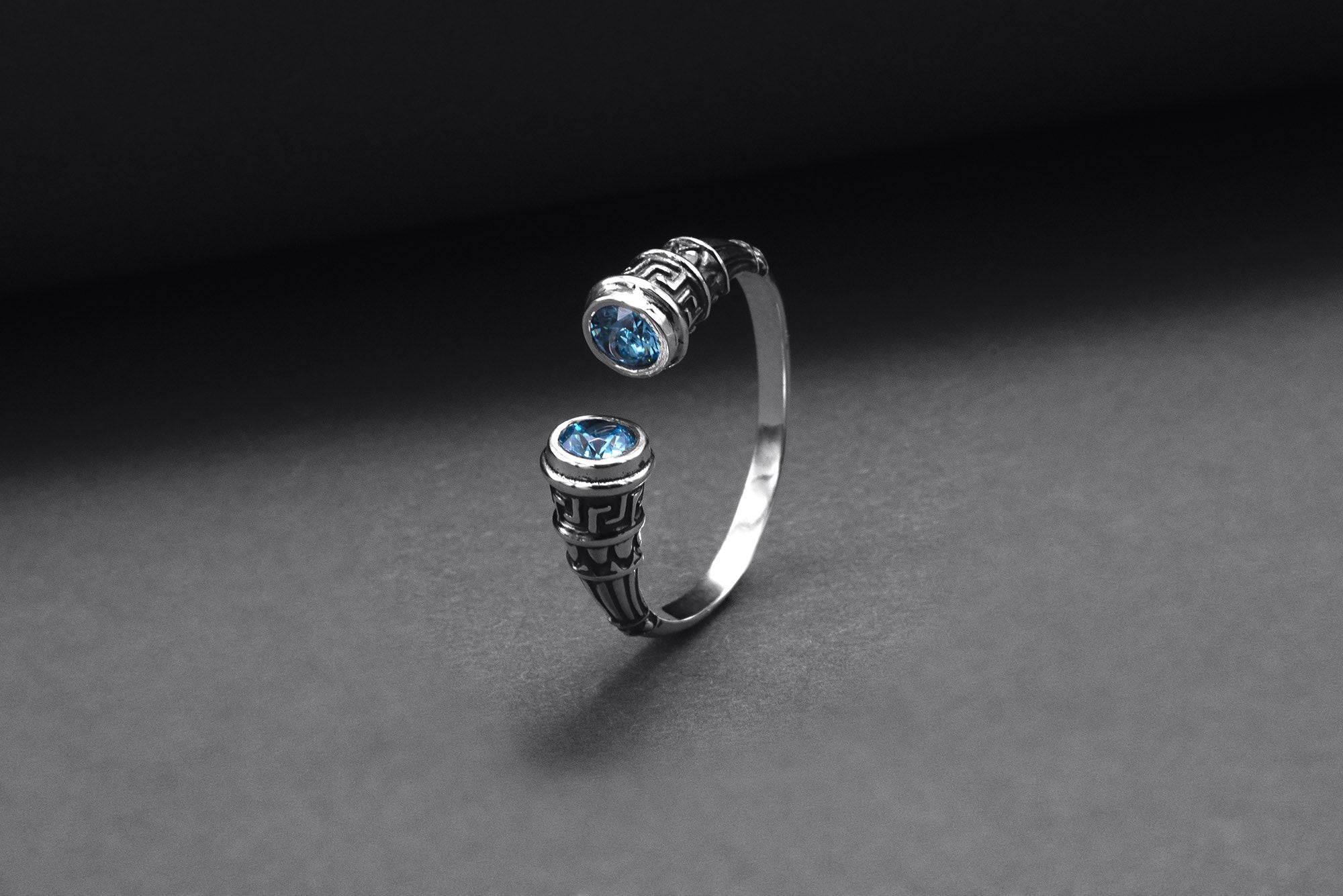 925 Silver Meander Ornament Ring with Sky Blue Gems, Handcrafted Greek Jewelry - vikingworkshop