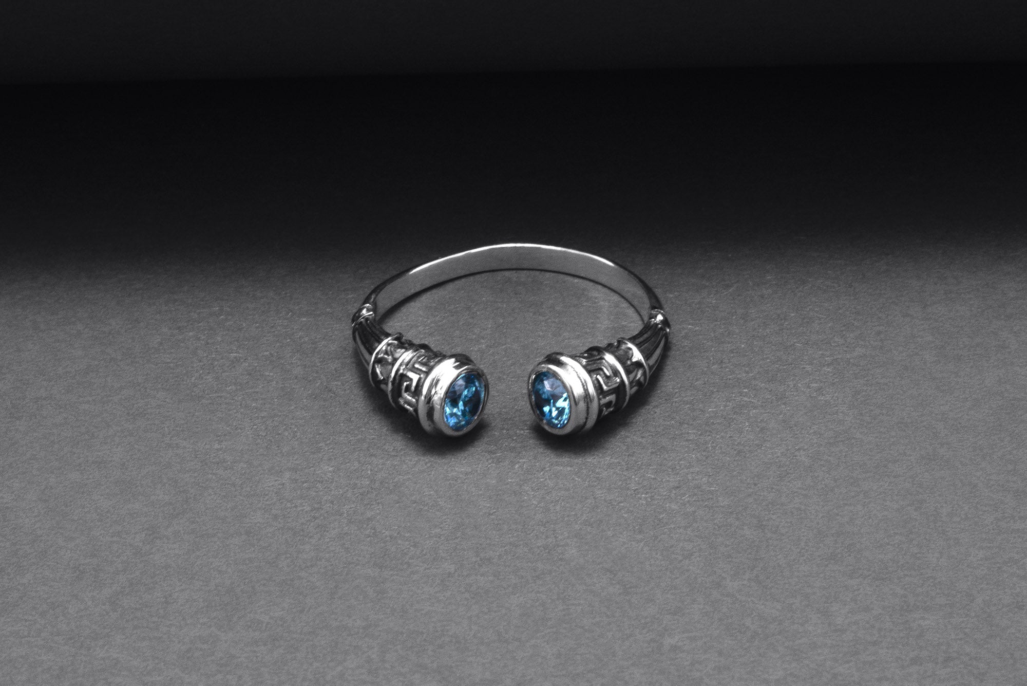 925 Silver Meander Ornament Ring with Sky Blue Gems, Handcrafted Greek Jewelry - vikingworkshop