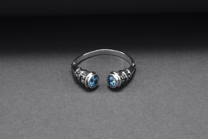 925 Silver Meander Ornament Ring with Sky Blue Gems, Handcrafted Greek Jewelry - vikingworkshop