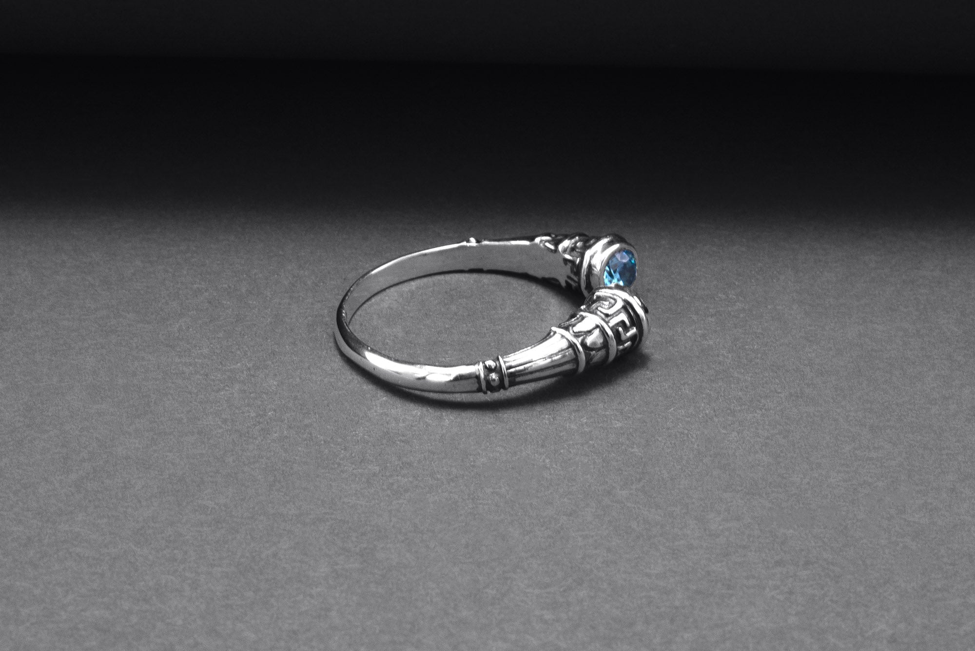 925 Silver Meander Ornament Ring with Sky Blue Gems, Handcrafted Greek Jewelry - vikingworkshop