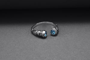 925 Silver Meander Ornament Ring with Sky Blue Gems, Handcrafted Greek Jewelry - vikingworkshop