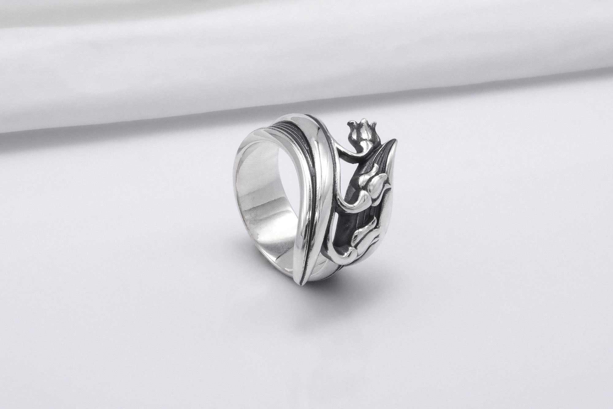 Sterling Silver Ring with Tiny Tulips, Handmade Classic Jewelry - vikingworkshop