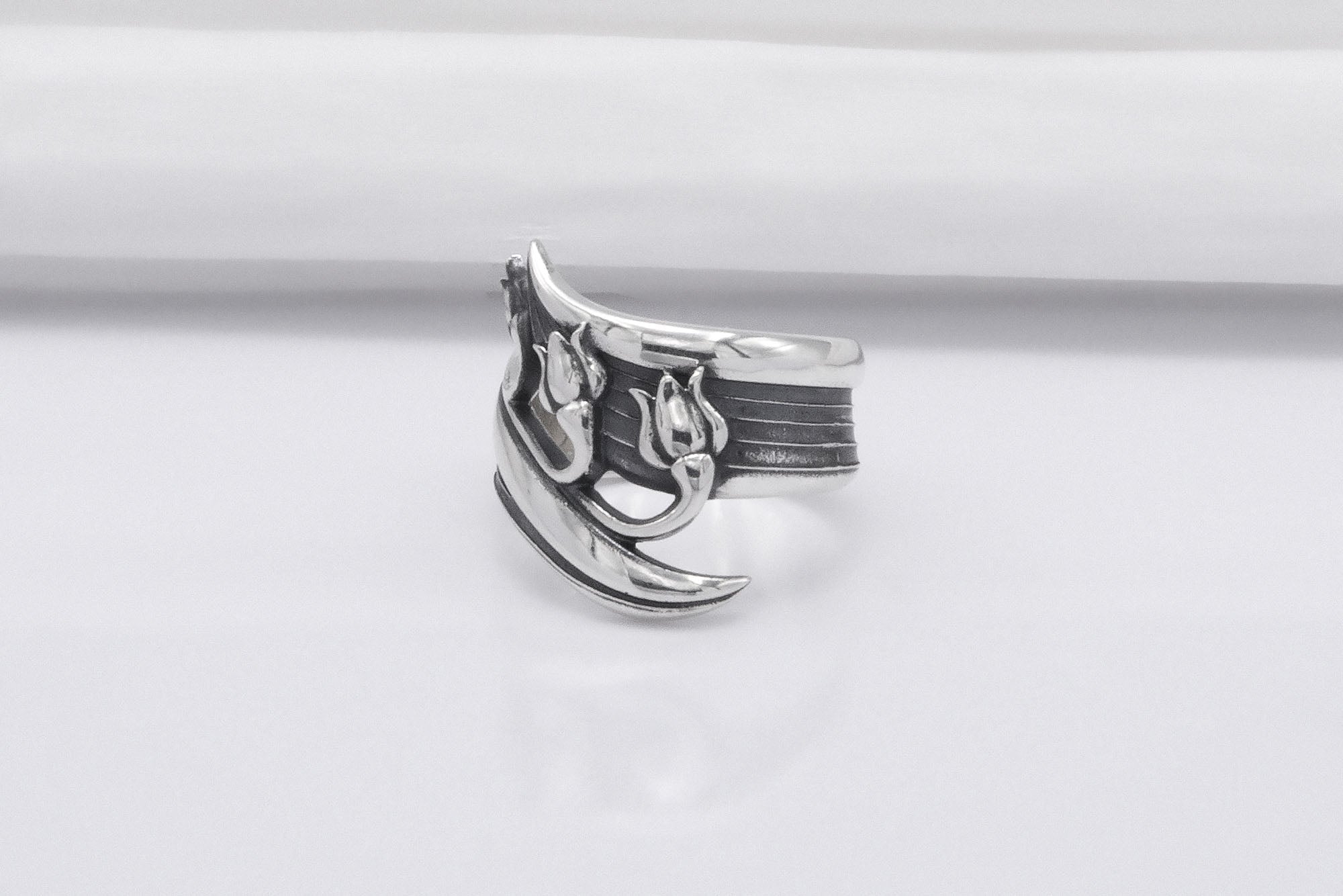 Sterling Silver Ring with Tiny Tulips, Handmade Classic Jewelry - vikingworkshop