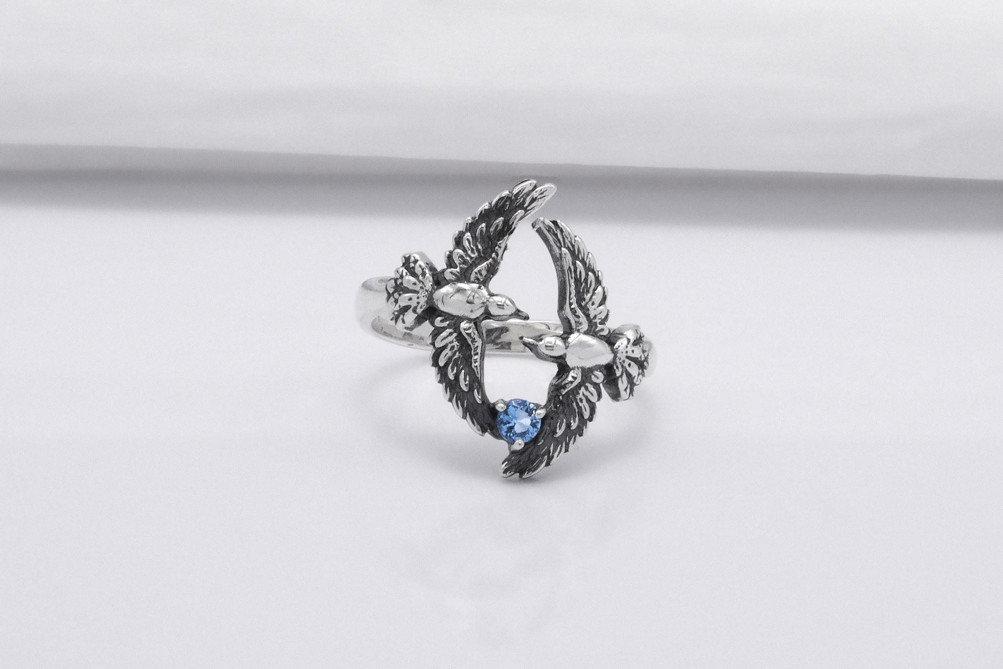 925 Silver Bird Ring with Blue Gem, Handmade Animal Jewelry - vikingworkshop