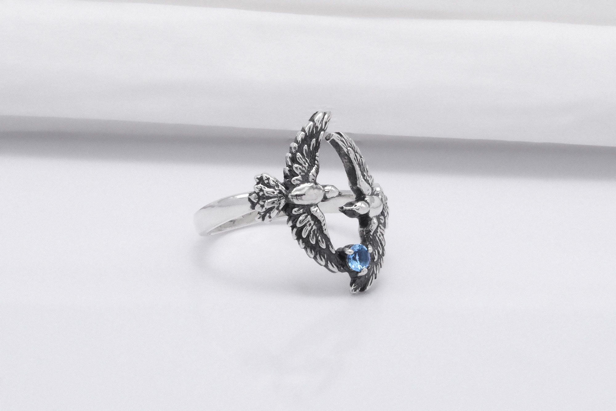 925 Silver Bird Ring with Blue Gem, Handmade Animal Jewelry - vikingworkshop