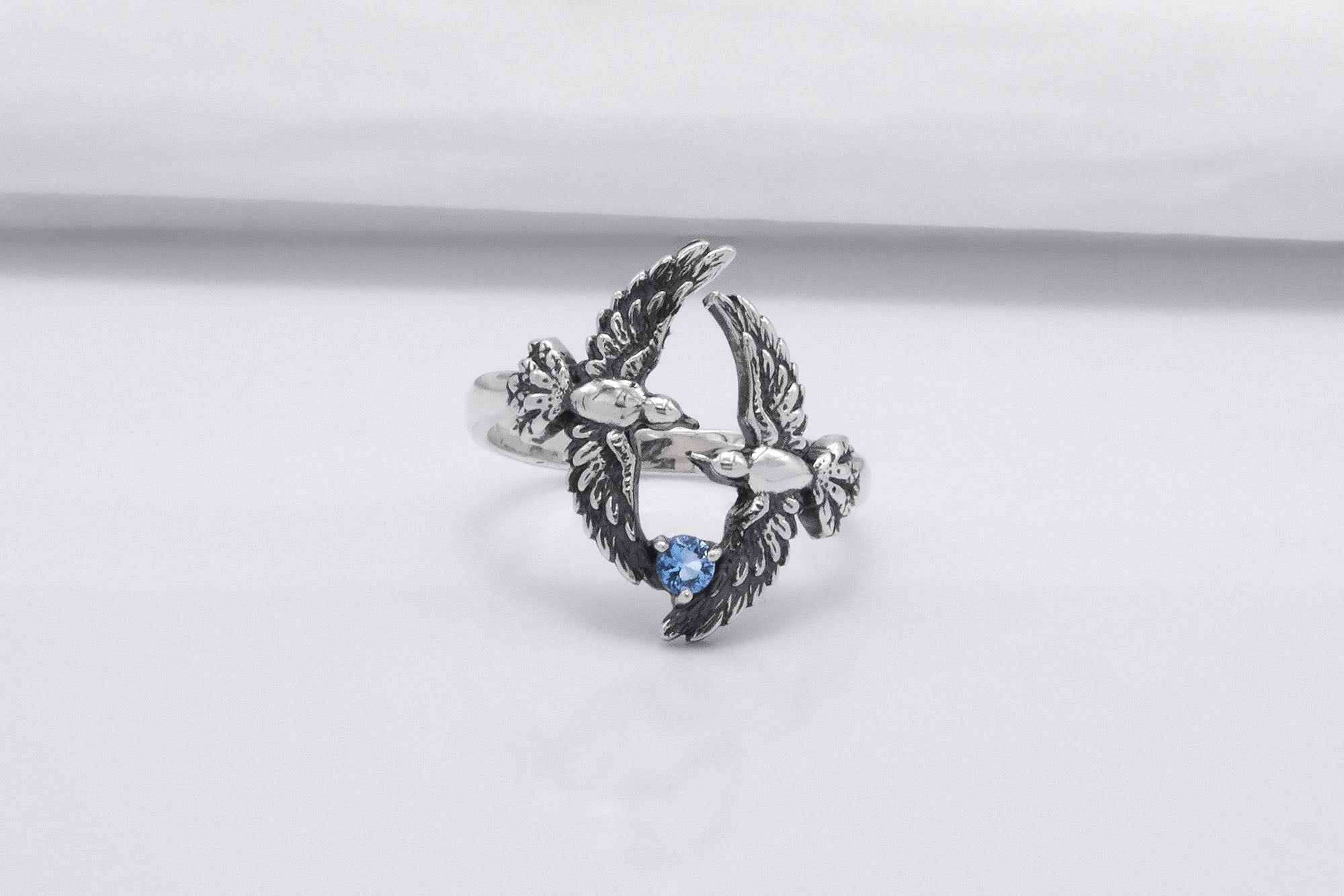 925 Silver Bird Ring with Blue Gem, Handmade Animal Jewelry - vikingworkshop