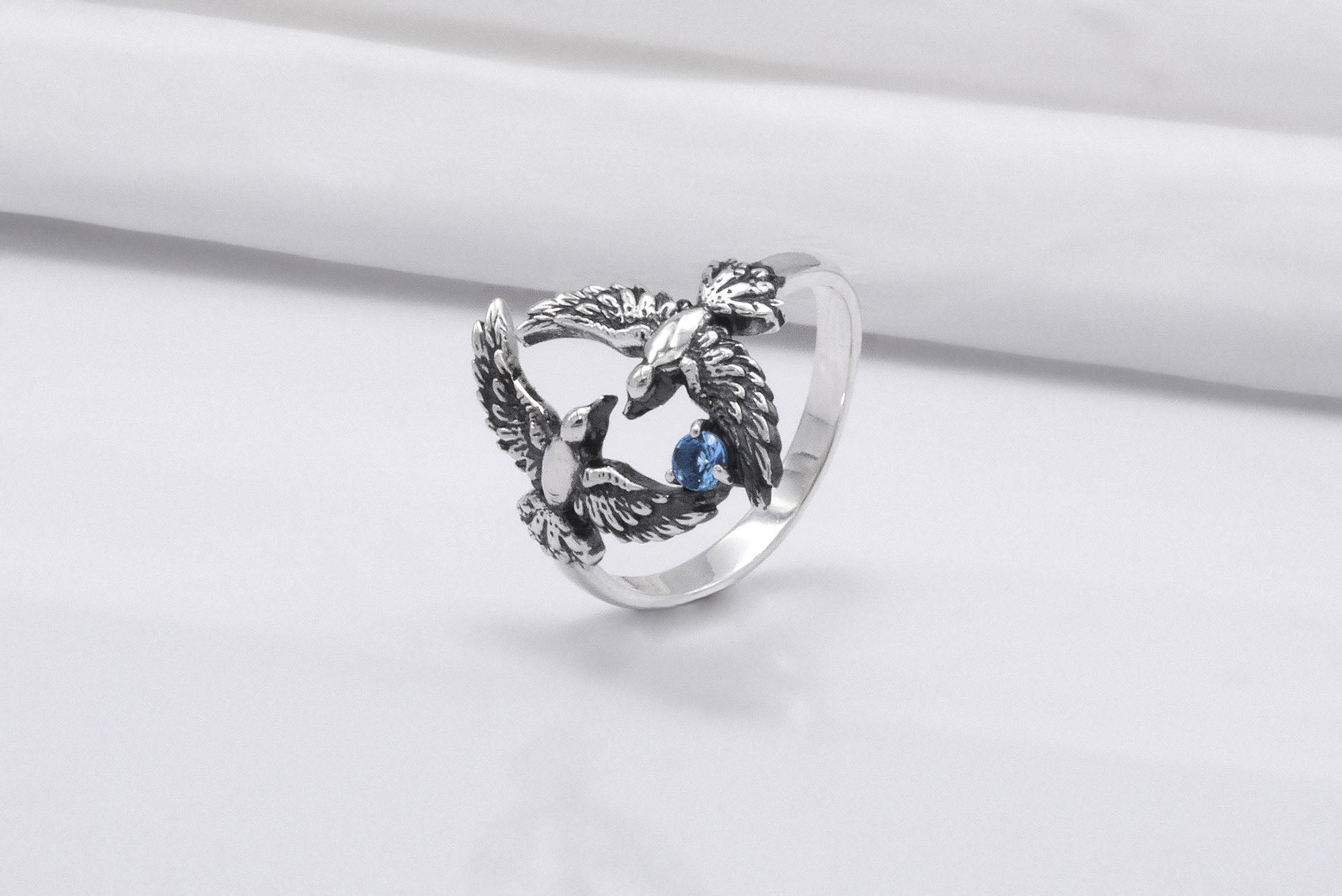 925 Silver Bird Ring with Blue Gem, Handmade Animal Jewelry - vikingworkshop