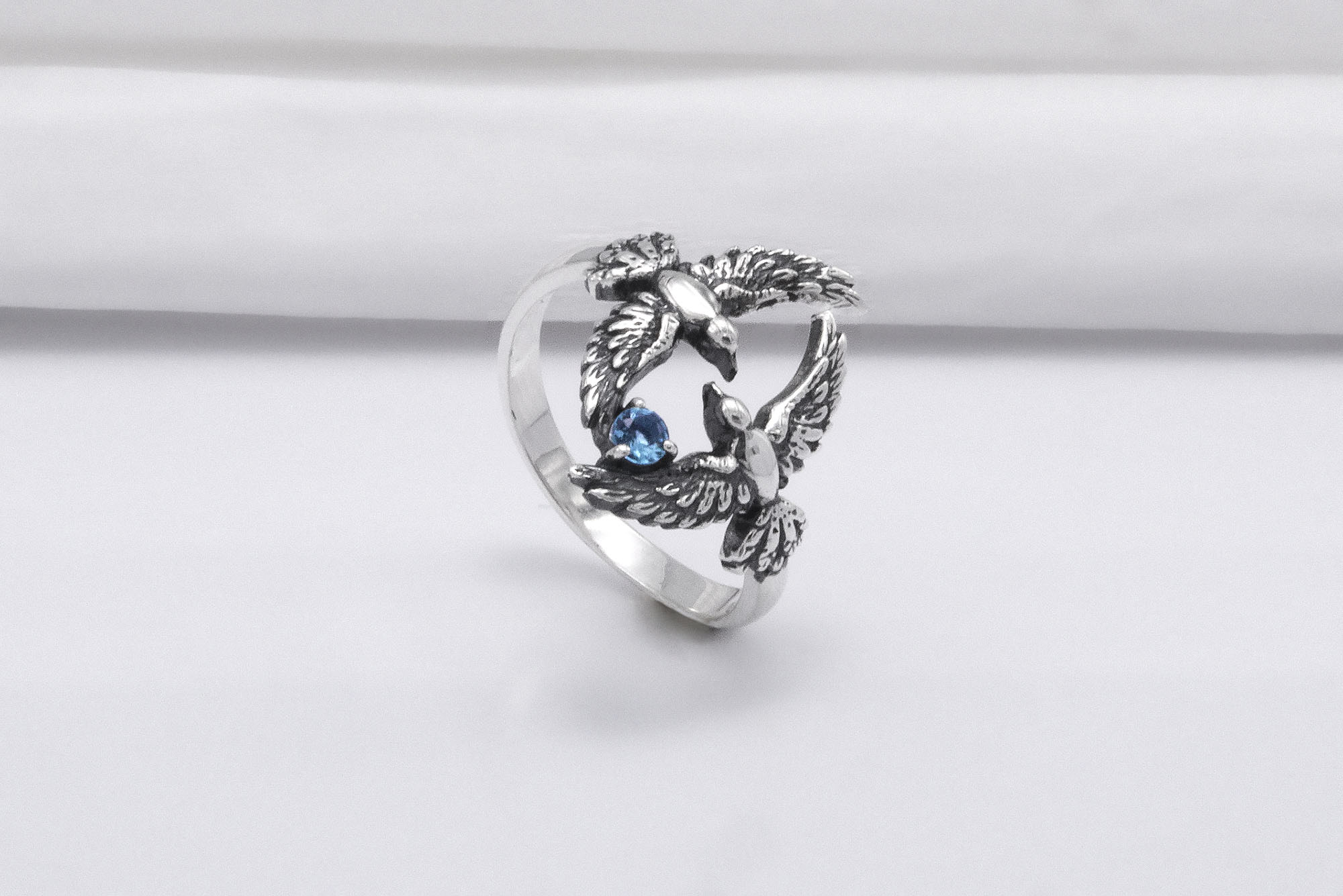 925 Silver Bird Ring with Blue Gem, Handmade Animal Jewelry - vikingworkshop