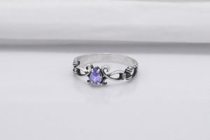 925 Silver Bended Pattern Ring with Purple Cubic Zirconia, Handmade Fashion Jewelry - vikingworkshop