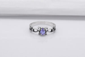 925 Silver Bended Pattern Ring with Purple Cubic Zirconia, Handmade Fashion Jewelry - vikingworkshop