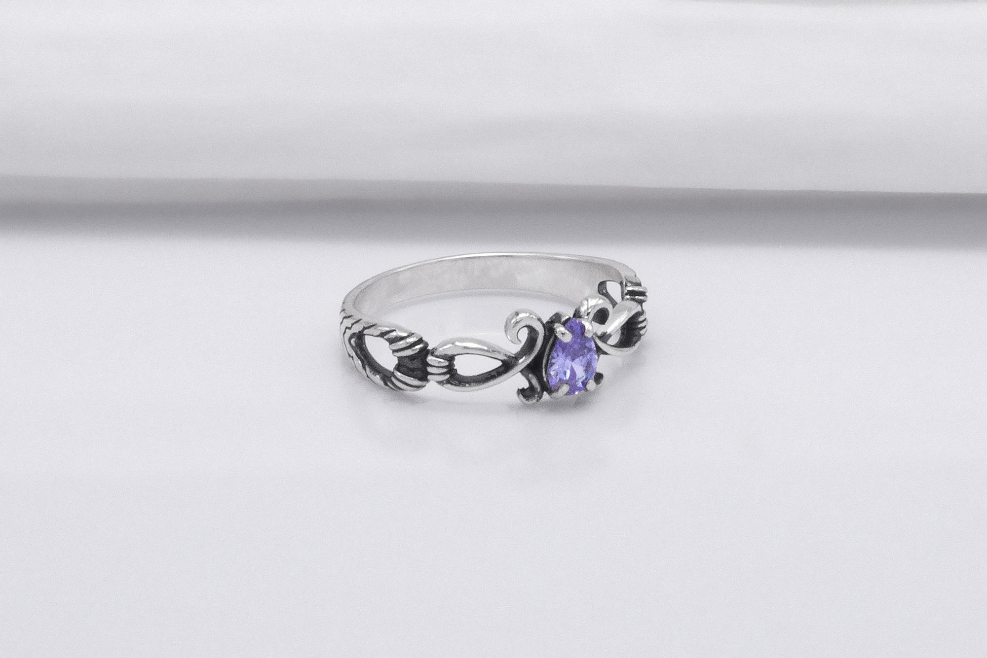 925 Silver Bended Pattern Ring with Purple Cubic Zirconia, Handmade Fashion Jewelry - vikingworkshop