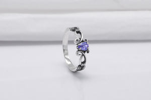 925 Silver Bended Pattern Ring with Purple Cubic Zirconia, Handmade Fashion Jewelry - vikingworkshop