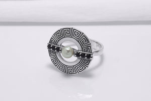 925 Silver Round Ring with Greek Ornament and Black Gems, Handcrafted Fashion Jewelry - vikingworkshop