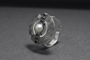 925 Silver Round Ring with Greek Ornament and Black Gems, Handcrafted Fashion Jewelry - vikingworkshop