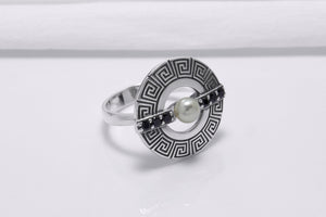 925 Silver Round Ring with Greek Ornament and Black Gems, Handcrafted Fashion Jewelry - vikingworkshop