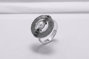 925 Silver Round Ring with Greek Ornament and Black Gems, Handcrafted Fashion Jewelry - vikingworkshop