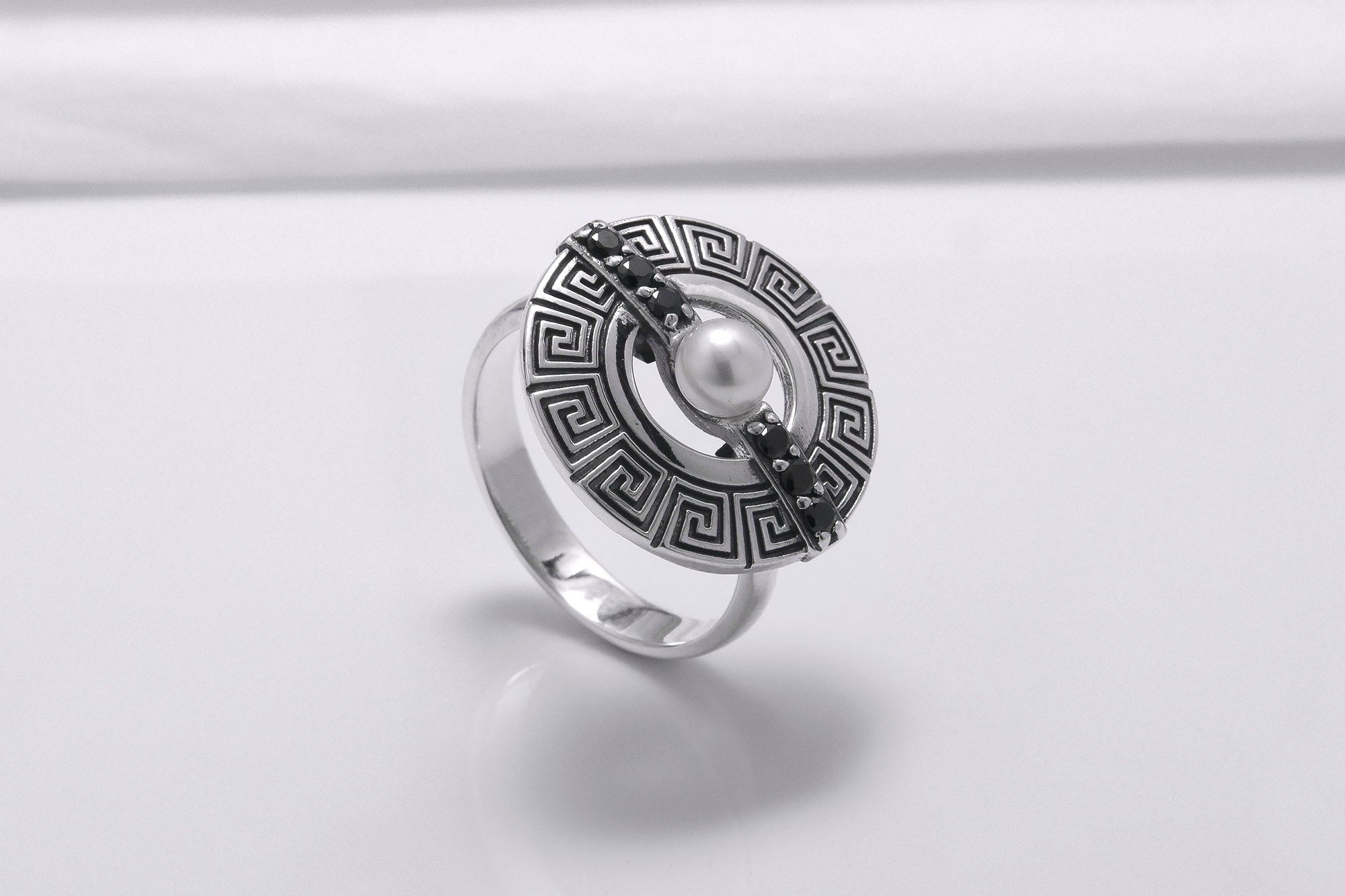 925 Silver Round Ring with Greek Ornament and Black Gems, Handcrafted Fashion Jewelry - vikingworkshop