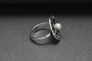 925 Silver Round Ring with Greek Ornament and Black Gems, Handcrafted Fashion Jewelry - vikingworkshop