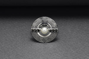 925 Silver Round Ring with Greek Ornament and Black Gems, Handcrafted Fashion Jewelry - vikingworkshop