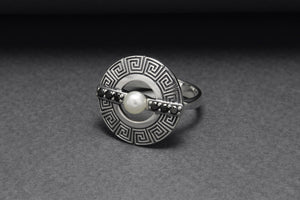 925 Silver Round Ring with Greek Ornament and Black Gems, Handcrafted Fashion Jewelry - vikingworkshop