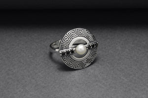 925 Silver Round Ring with Greek Ornament and Black Gems, Handcrafted Fashion Jewelry - vikingworkshop