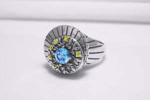 925 Silver Round Ring with Leaves Ornament and Blue Gem, Handcrafted Fashion Jewelry - vikingworkshop