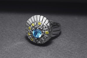 925 Silver Round Ring with Leaves Ornament and Blue Gem, Handcrafted Fashion Jewelry - vikingworkshop