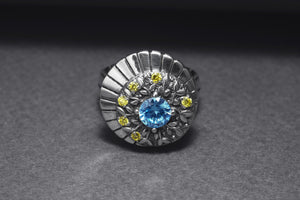 925 Silver Round Ring with Leaves Ornament and Blue Gem, Handcrafted Fashion Jewelry - vikingworkshop