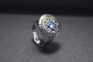 925 Silver Round Ring with Leaves Ornament and Blue Gem, Handcrafted Fashion Jewelry - vikingworkshop