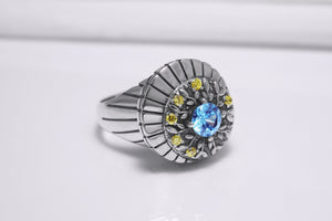 925 Silver Round Ring with Leaves Ornament and Blue Gem, Handcrafted Fashion Jewelry - vikingworkshop