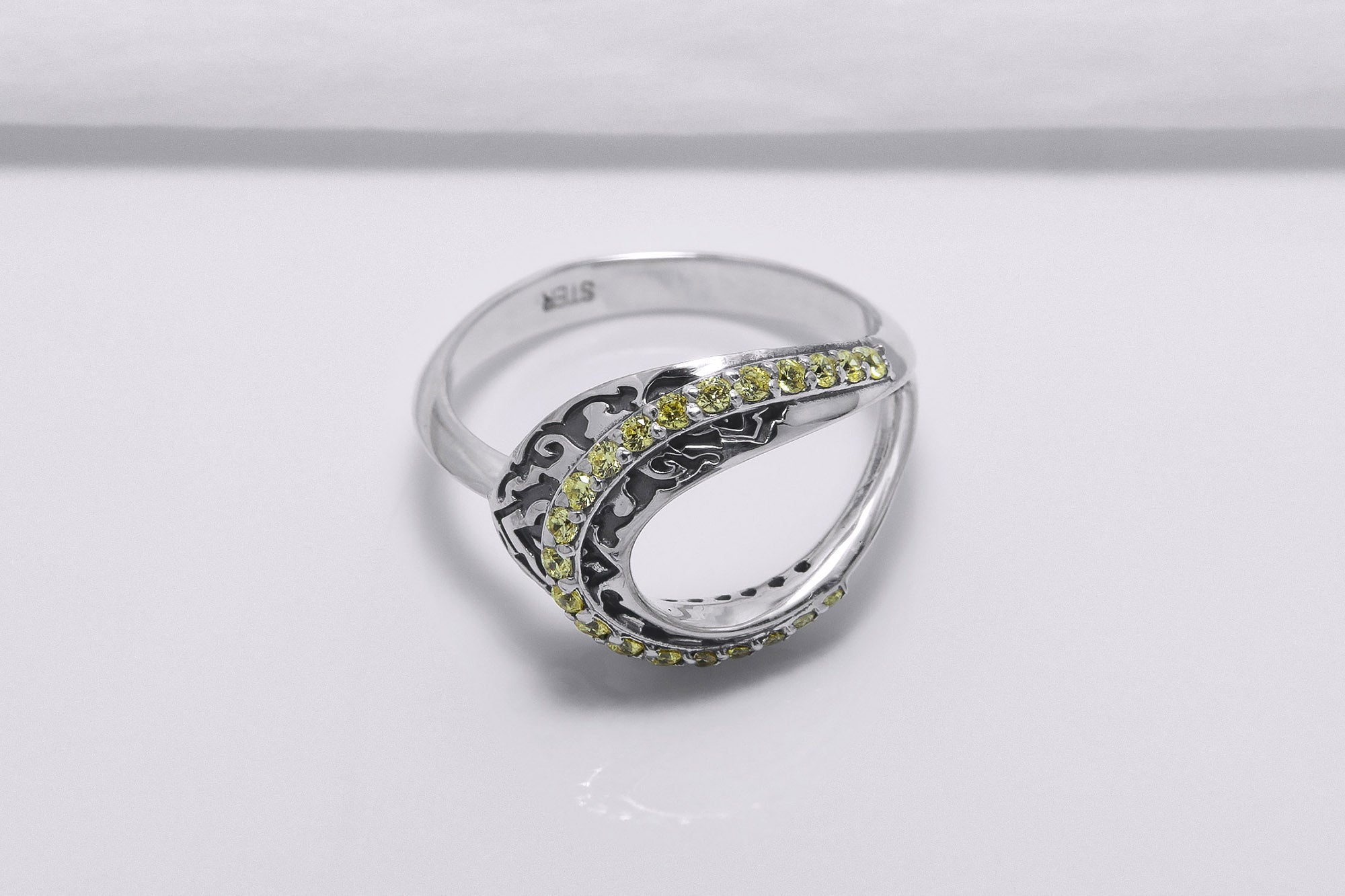 Sterling Silver Open Oval Ring with Ornament and Yellow Gems, Handcrafted Fashion Jewelry - vikingworkshop