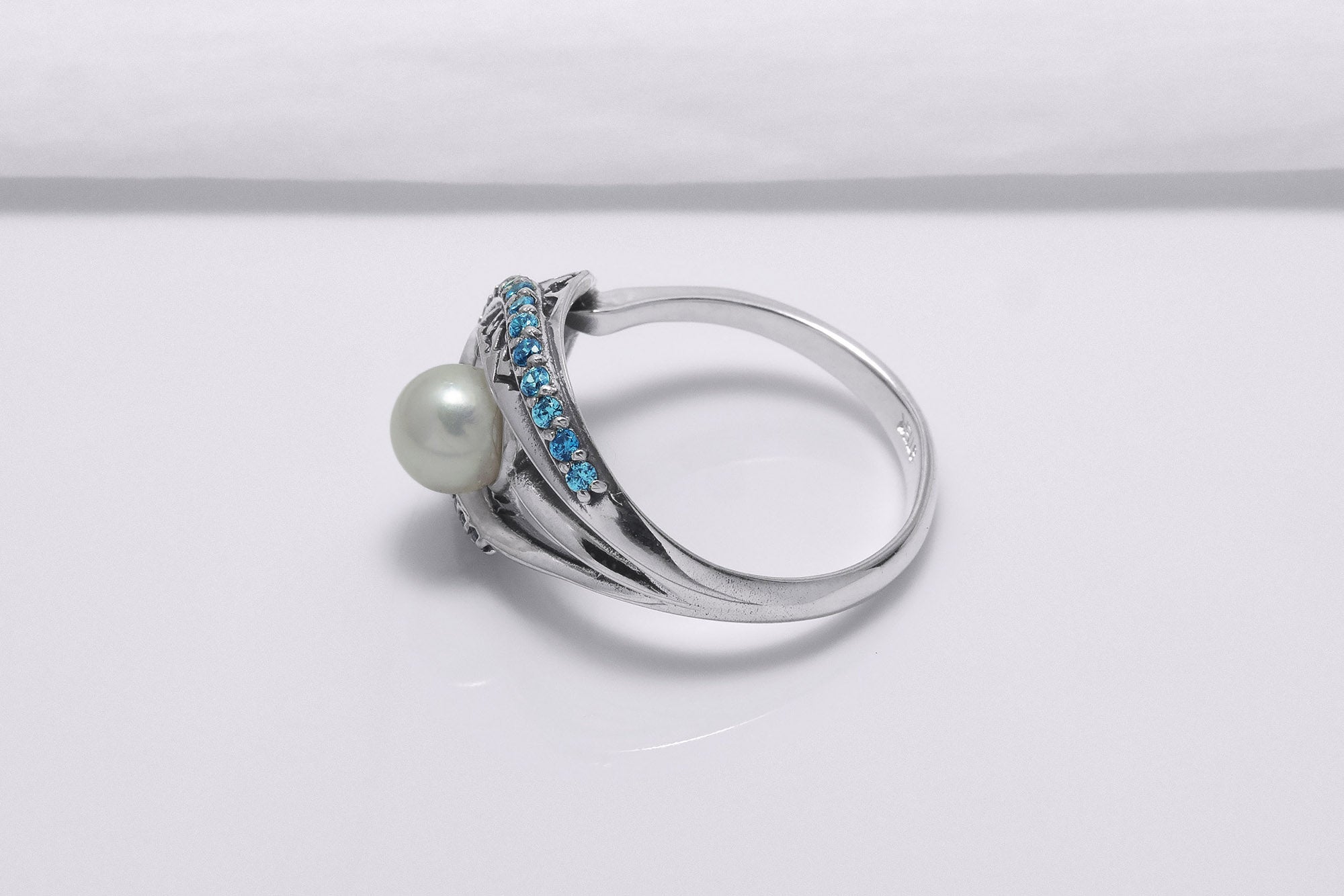 Sterling Silver Open Oval Ring with Ornament and Blue Gems, Handcrafted Fashion Jewelry - vikingworkshop