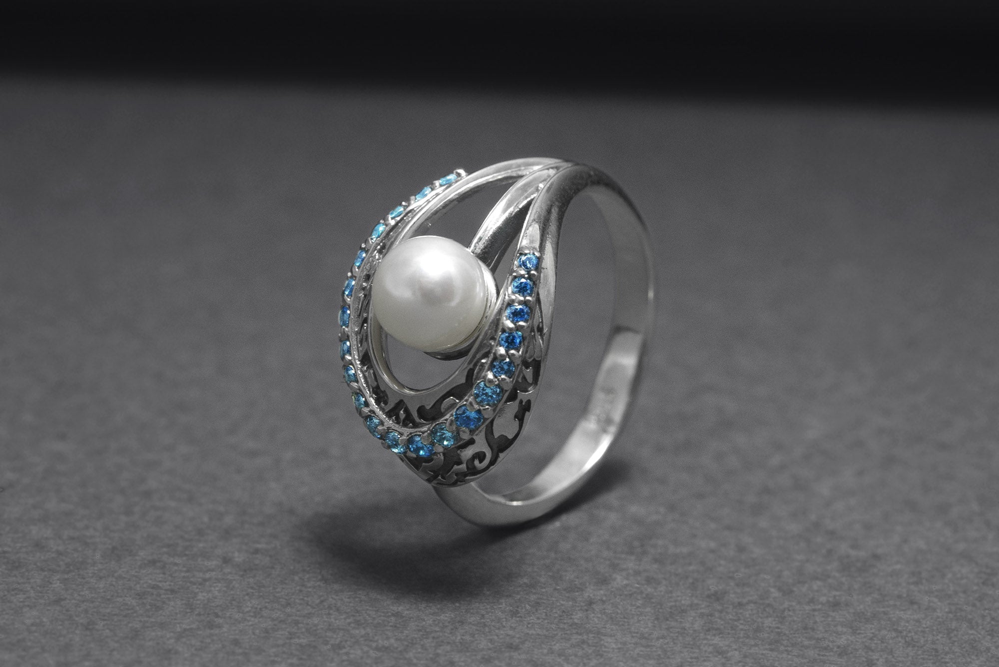 Sterling Silver Open Oval Ring with Ornament and Blue Gems, Handcrafted Fashion Jewelry - vikingworkshop