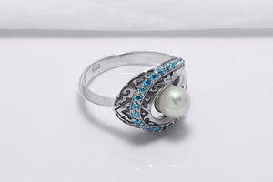 Sterling Silver Open Oval Ring with Ornament and Blue Gems, Handcrafted Fashion Jewelry - vikingworkshop