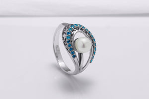 Sterling Silver Open Oval Ring with Ornament and Blue Gems, Handcrafted Fashion Jewelry - vikingworkshop