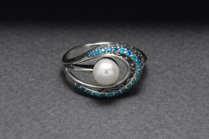 Sterling Silver Open Oval Ring with Ornament and Blue Gems, Handcrafted Fashion Jewelry - vikingworkshop