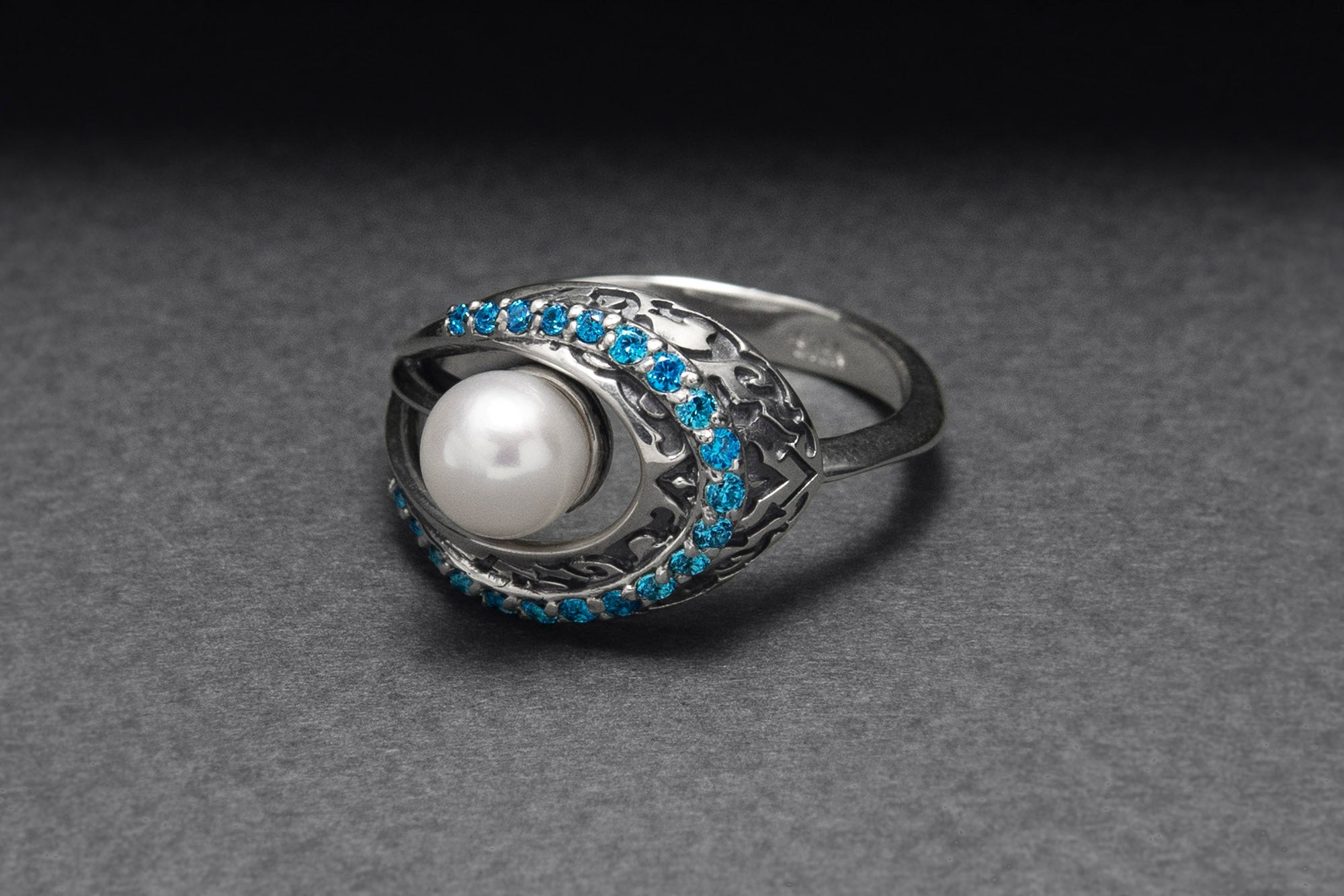 Sterling Silver Open Oval Ring with Ornament and Blue Gems, Handcrafted Fashion Jewelry - vikingworkshop