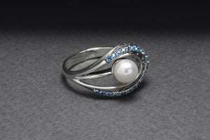Sterling Silver Open Oval Ring with Ornament and Blue Gems, Handcrafted Fashion Jewelry - vikingworkshop