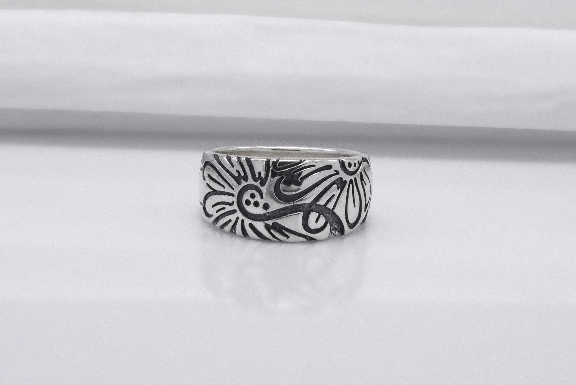 925 Silver Ring with Flowers and Honeycomb, Handmade Fashion Jewelry - vikingworkshop