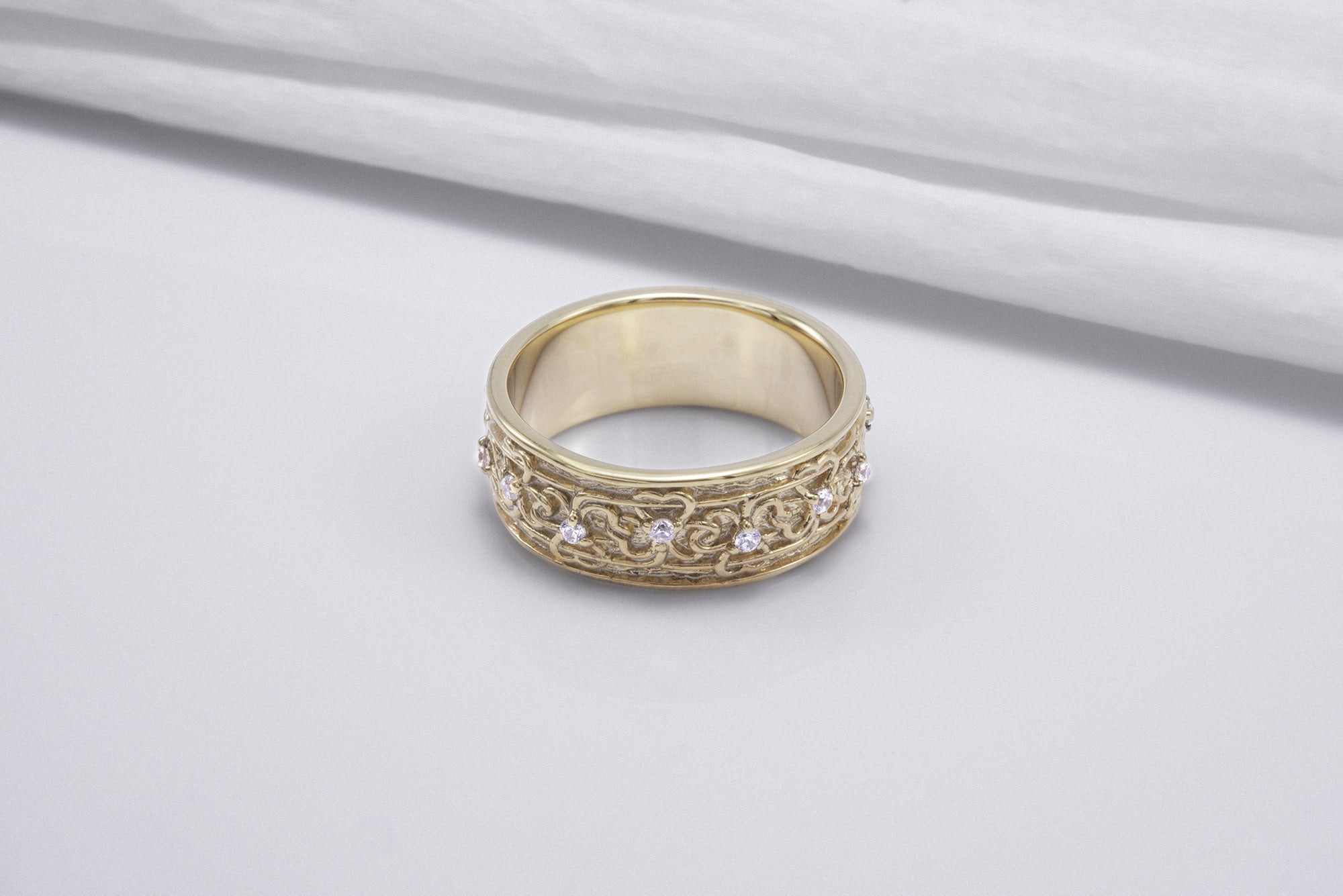 Gold Plated Floral Ornament Ring with Clear Gems, Handmade Fashion Jewelry - vikingworkshop