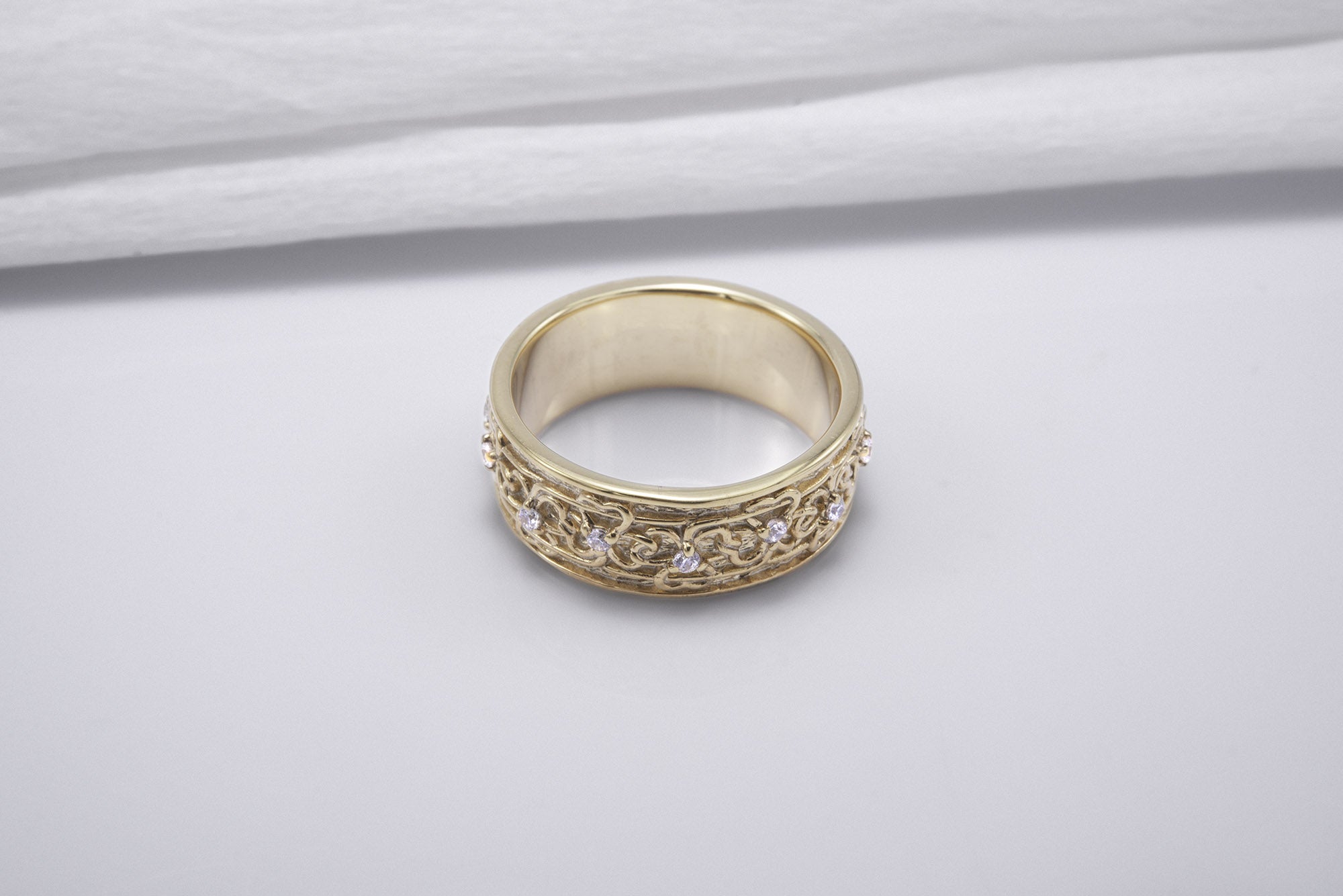 Gold Plated Floral Ornament Ring with Clear Gems, Handmade Fashion Jewelry - vikingworkshop