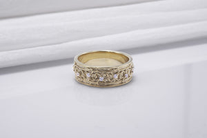 Gold Plated Floral Ornament Ring with Clear Gems, Handmade Fashion Jewelry - vikingworkshop