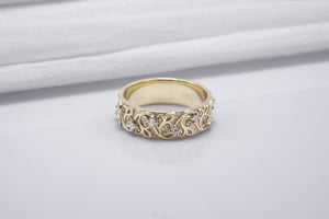 Gold Plated Ring with Floral Ornament and Clear Gems, Handmade Fashion Jewelry - vikingworkshop