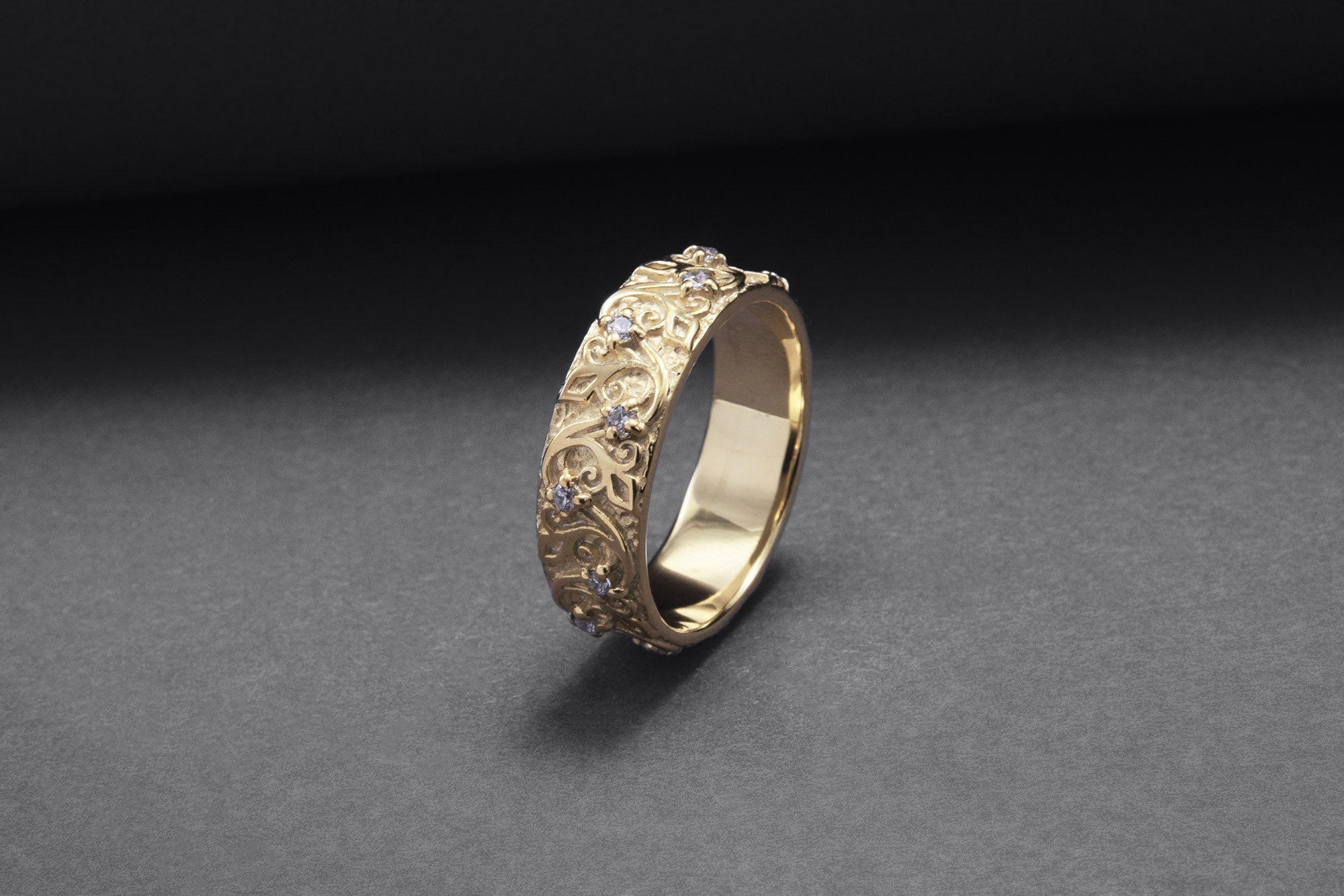 Gold Plated Ring with Floral Ornament and Clear Gems, Handmade Fashion Jewelry - vikingworkshop